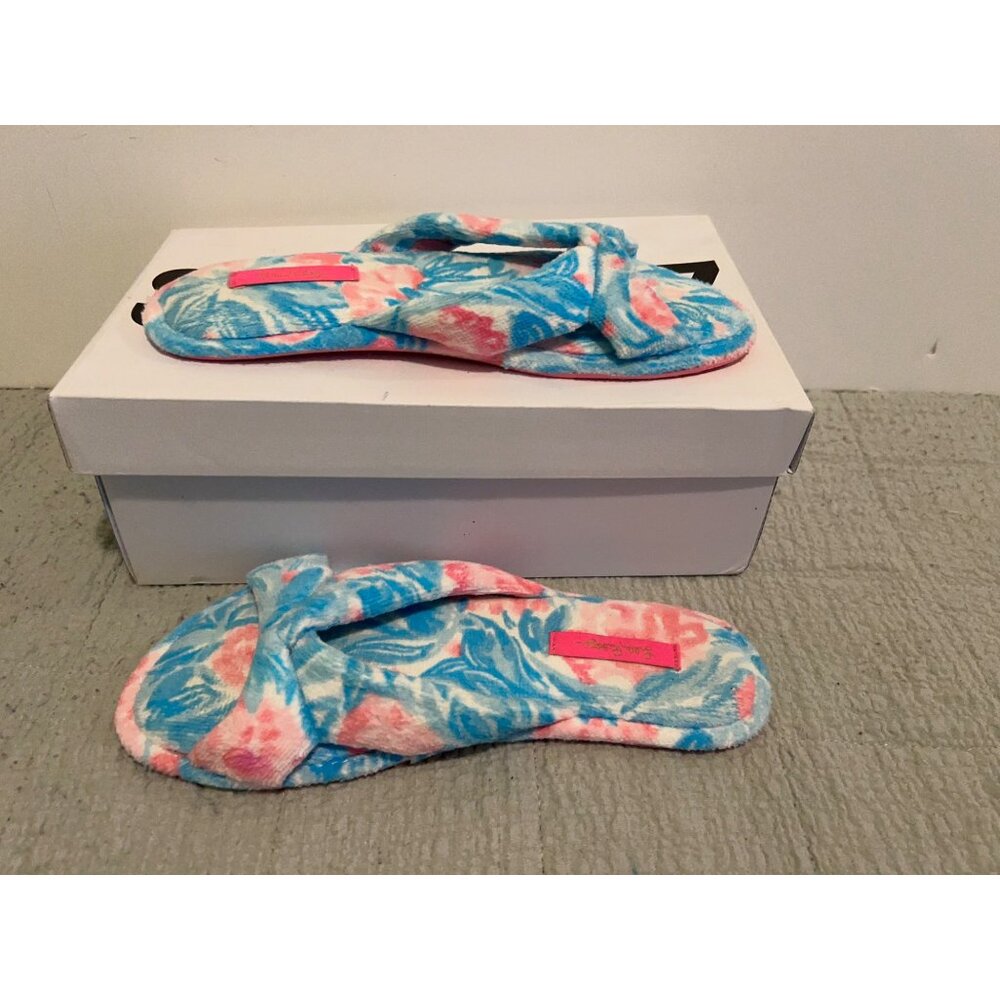 Lilly Pulitzer Plush Slippers Womens Size 7/8 Blue Pink Floral Bow House Sandals - Picture 7 of 8